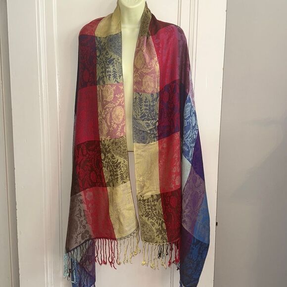Large boho festival multi color block paisley shawl/wrap with fringe hem - Picture 1 of 5